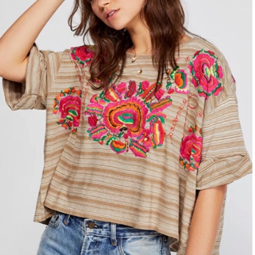 Free People Catalunya Tee Sz S Embroidered Tee